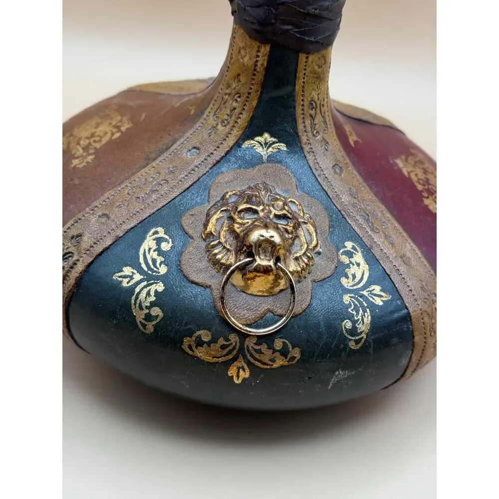 Vintage Italian Leather Wrapped Glass Decanter Lion Head Barware 11.25